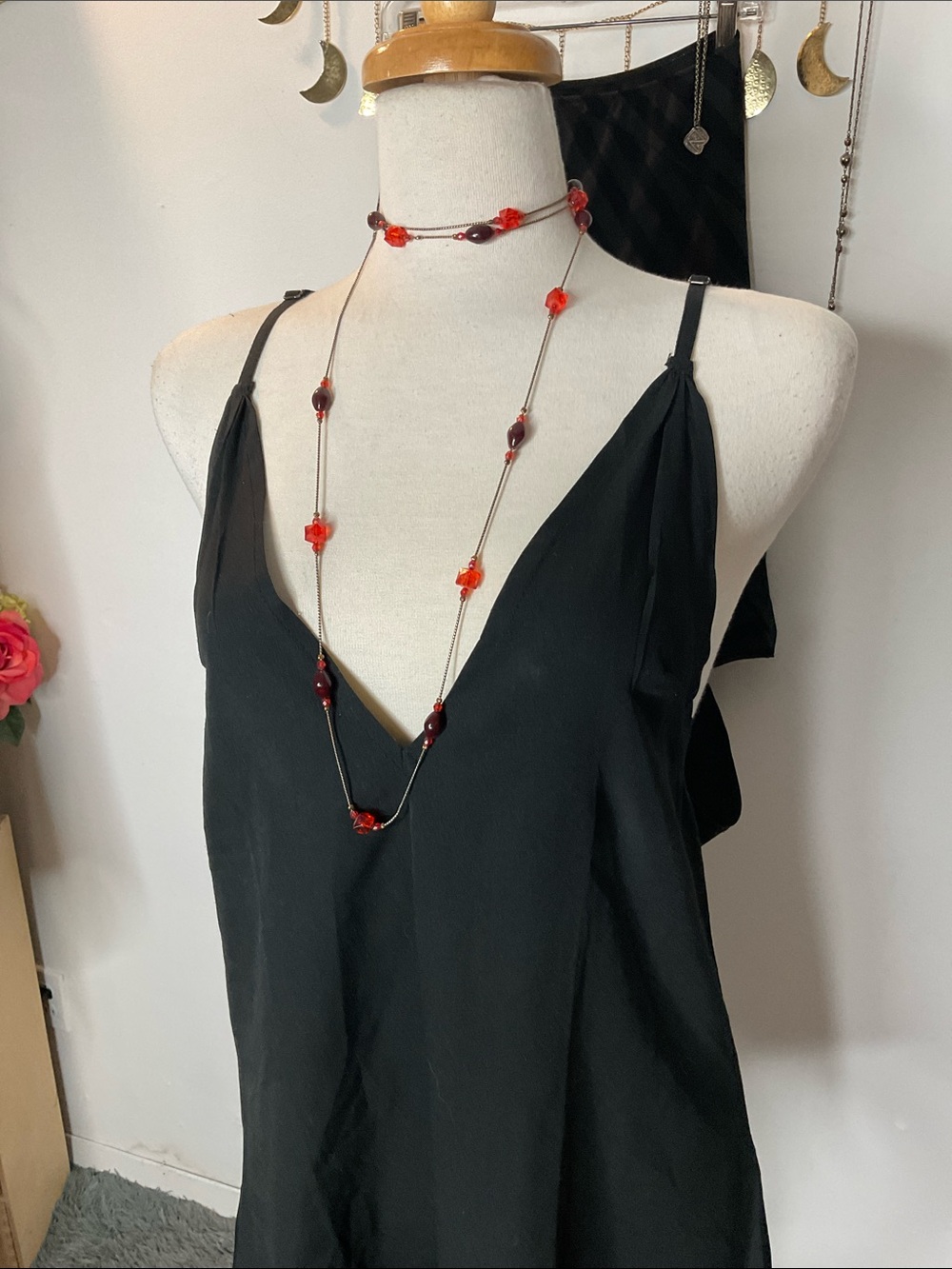 Long Red Beaded Station Necklace